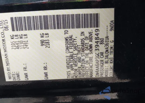 2016 Nissan Maxima 3.5 Platinum/3.5 S/3.5 Sl/3.5 Sr/3.5 Sv from USA, damaged, VIN 1N4AA6AP3GC394849